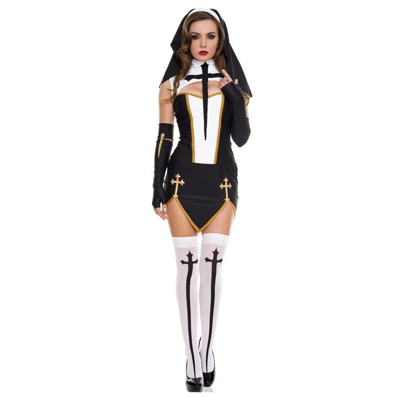 Virgin Mary Sexy Nun Costume Adult Women Cosplay Dress With Black Hood For Halloween Sister Cosplay Party Costume Nun Outfits