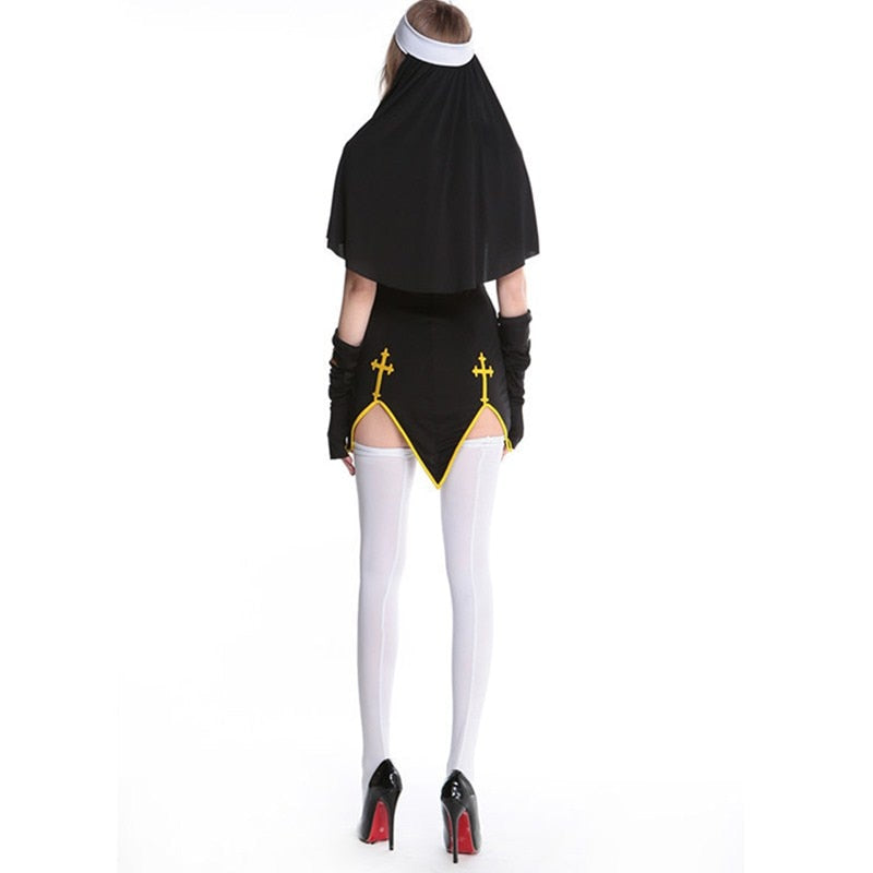 Virgin Mary Sexy Nun Costume Adult Women Cosplay Dress With Black Hood For Halloween Sister Cosplay Party Costume Nun Outfits