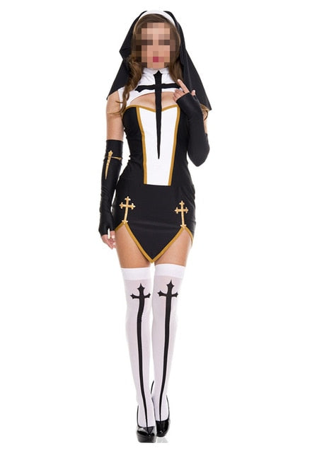 Virgin Mary Sexy Nun Costume Adult Women Cosplay Dress With Black Hood For Halloween Sister Cosplay Party Costume Nun Outfits