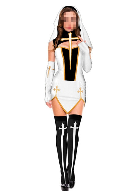 Virgin Mary Sexy Nun Costume Adult Women Cosplay Dress With Black Hood For Halloween Sister Cosplay Party Costume Nun Outfits