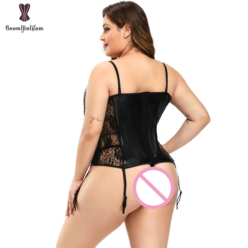 Removable Straps Transcult Sexy Lingerie Sequin Leather Floral Lace Corset Women Overbust Bustier Top With Suspenders