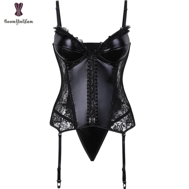 Removable Straps Transcult Sexy Lingerie Sequin Leather Floral Lace Corset Women Overbust Bustier Top With Suspenders