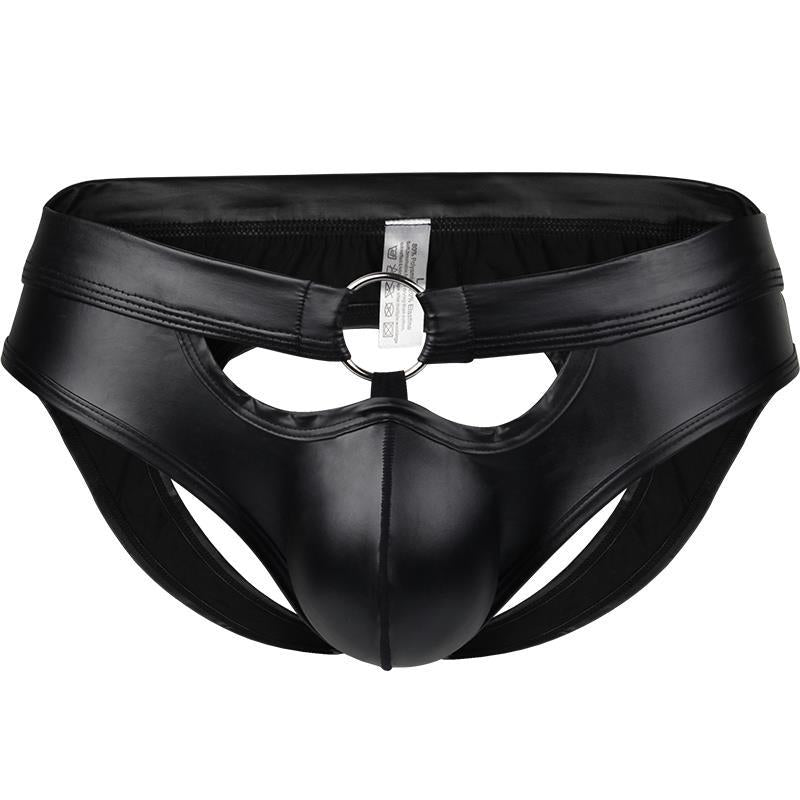 Faux Leather Mens Briefs Sexy Underwear Penis Pouch PU Hollow Open Butt Backless Jockstrap Erotic Underpants Panties Stage Wear