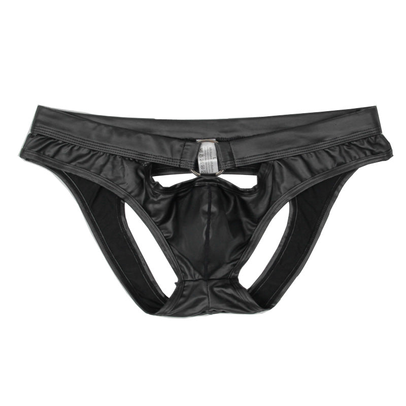 Faux Leather Mens Briefs Sexy Underwear Penis Pouch PU Hollow Open Butt Backless Jockstrap Erotic Underpants Panties Stage Wear