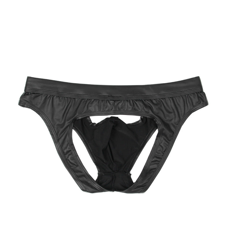 Faux Leather Mens Briefs Sexy Underwear Penis Pouch PU Hollow Open Butt Backless Jockstrap Erotic Underpants Panties Stage Wear