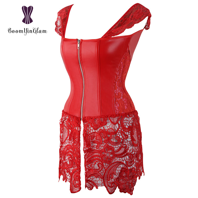 Back Zipper Women Gothic Lace Up Front Punk Faux Leather Bustier Corset Dress Plus Size Lingerie