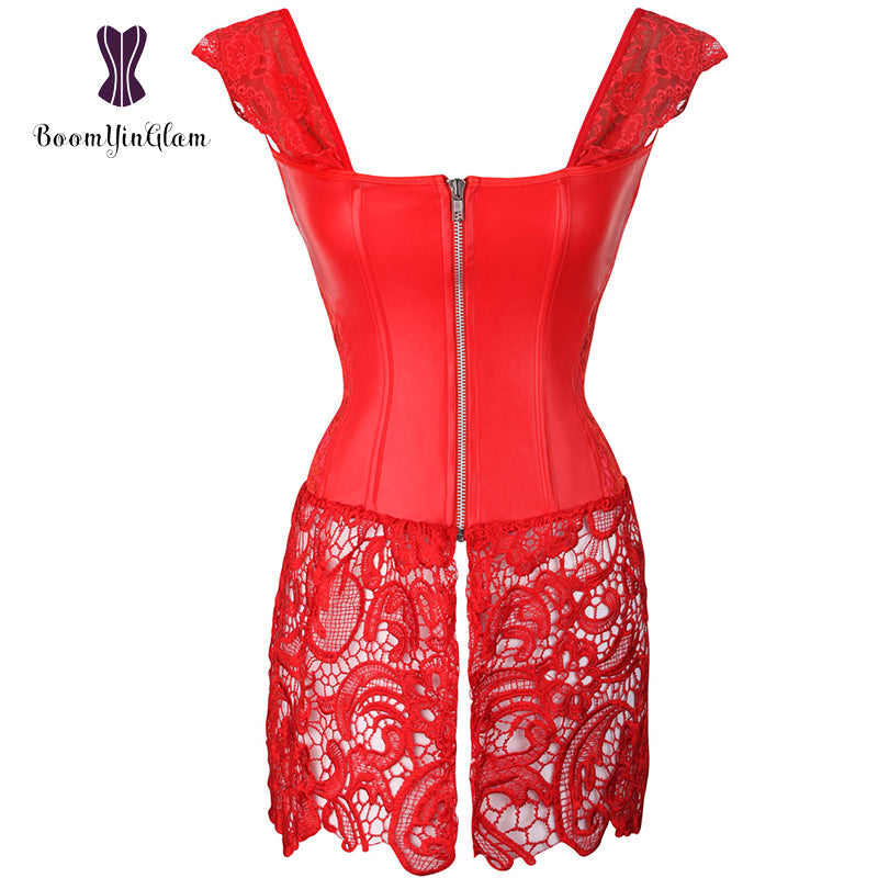 Back Zipper Women Gothic Lace Up Front Punk Faux Leather Bustier Corset Dress Plus Size Lingerie