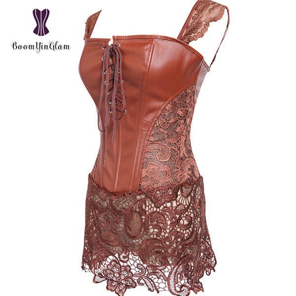 Back Zipper Women Gothic Lace Up Front Punk Faux Leather Bustier Corset Dress Plus Size Lingerie