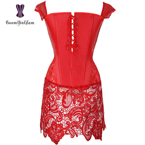 Back Zipper Women Gothic Lace Up Front Punk Faux Leather Bustier Corset Dress Plus Size Lingerie