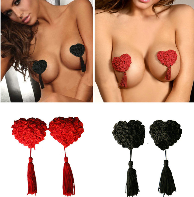 Candiway Sexy Rose Heart-Shaped Reusable Self-Adhesive Nipple Sticker With Tassel Cover Breast Sex Toys For Women