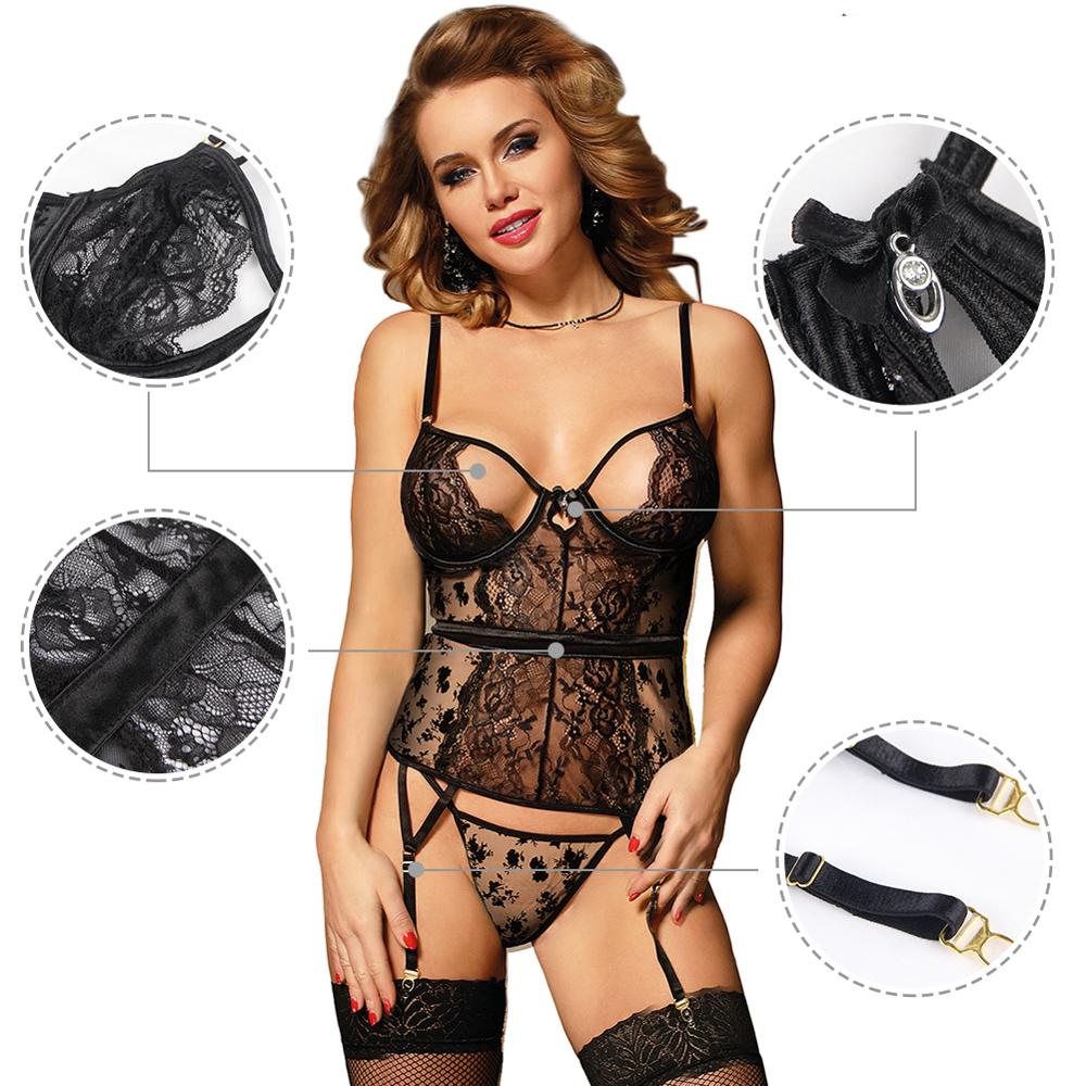 Sexy Underwear Plus Size Lingerie Sexy Hot Erotic Women Transparent Lace Floral Babydoll Disfraz With Garter Sexy Clothes