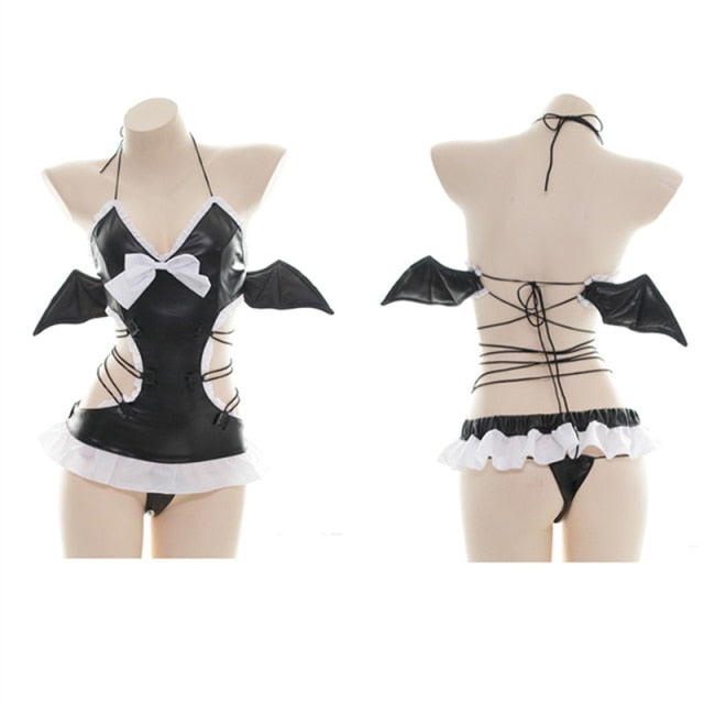OJBK Sexy Lingerie Little Devil Cosplay Costumes Black Pu Leather  With Adorable Bat Wings Erotic And Cute Uniform Photo Dress