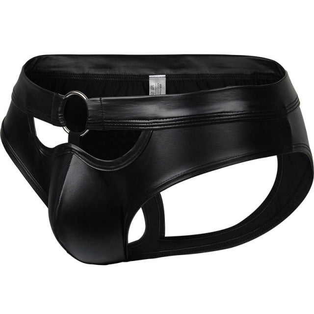 Sexy Gay Underwear Men Hollow Back Jockstrap Black Faux Leather G-string &amp; Thongs Man Lingerie Low Waist Pouch Panties M-XL