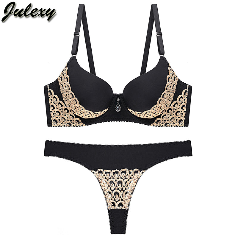 Julexy sexy lace push up bra set nylon hollow out women underwear panty set
