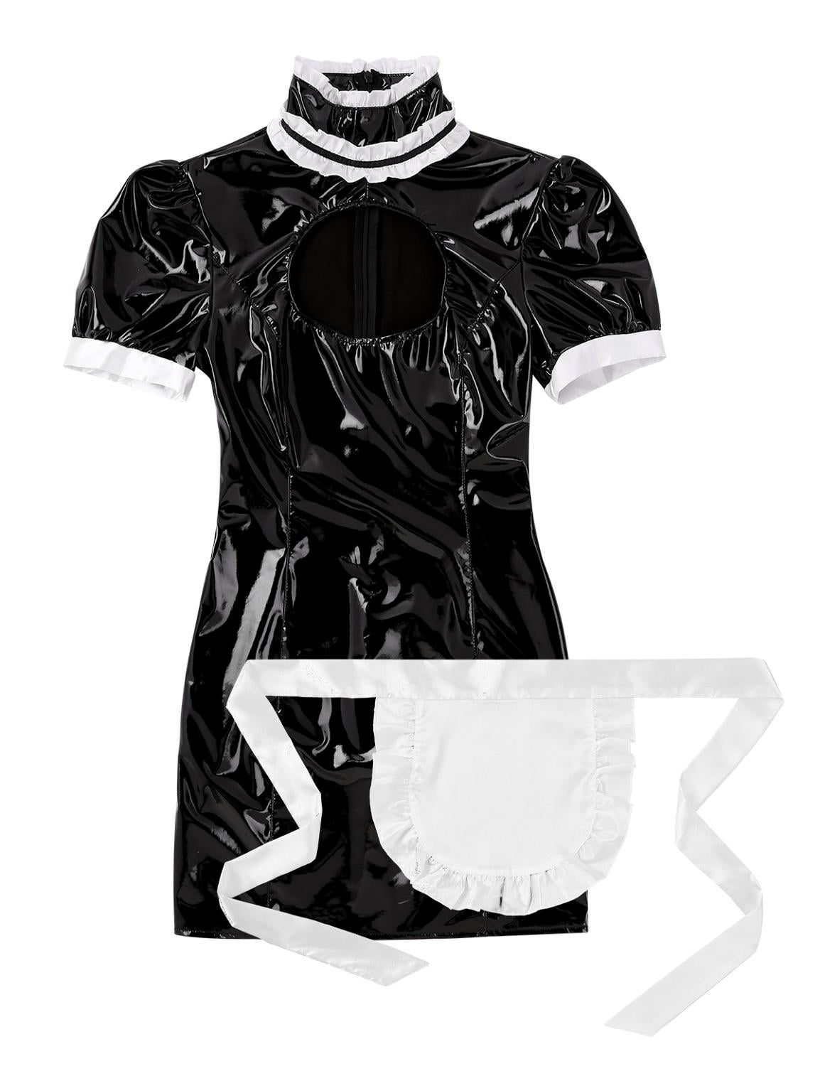 Womens Ladies French body latex Maid Dress Cosplay Costume Wetlook Clubwear Puff Sleeves Breast Bodycon Mini Dress with Apron