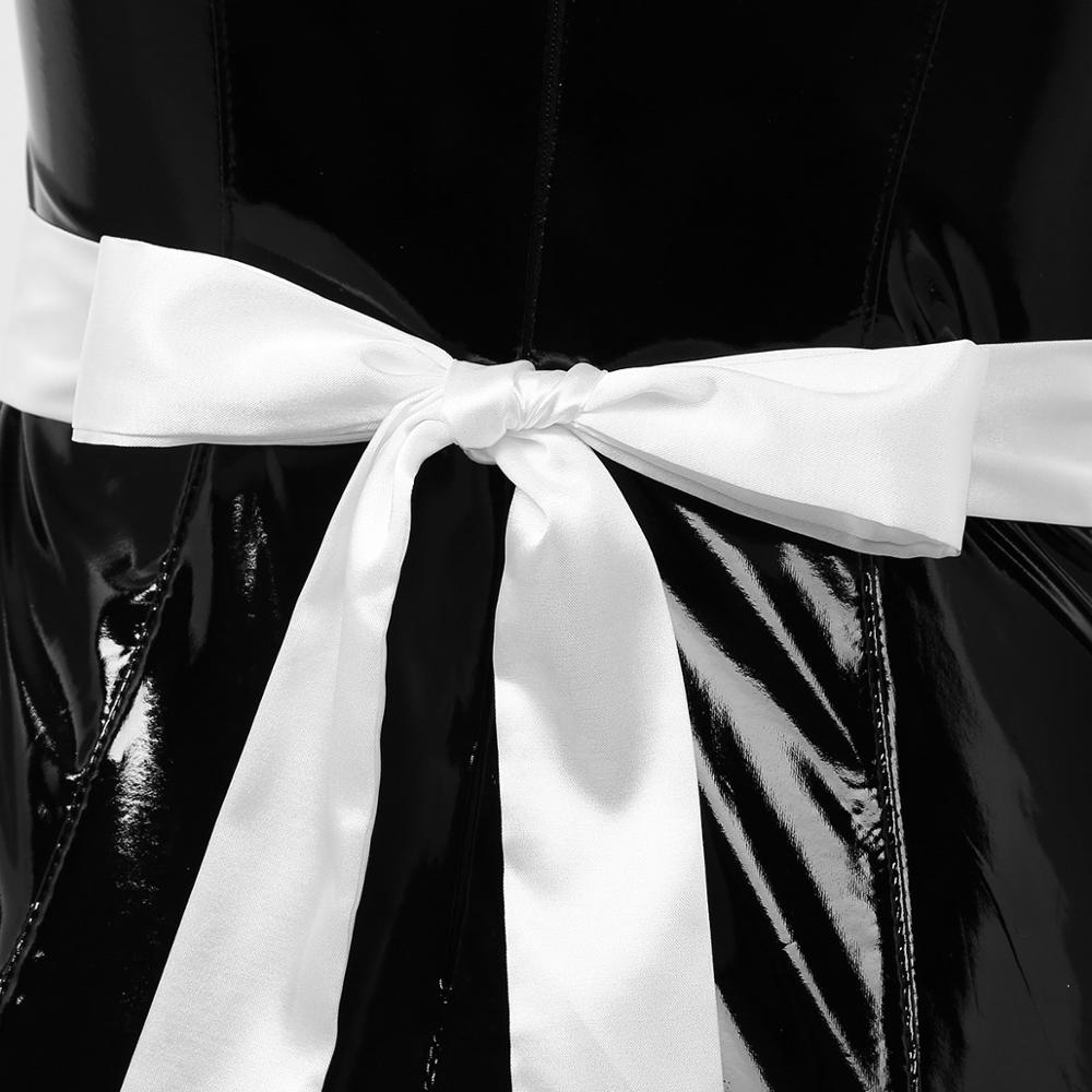 Womens Ladies French body latex Maid Dress Cosplay Costume Wetlook Clubwear Puff Sleeves Breast Bodycon Mini Dress with Apron