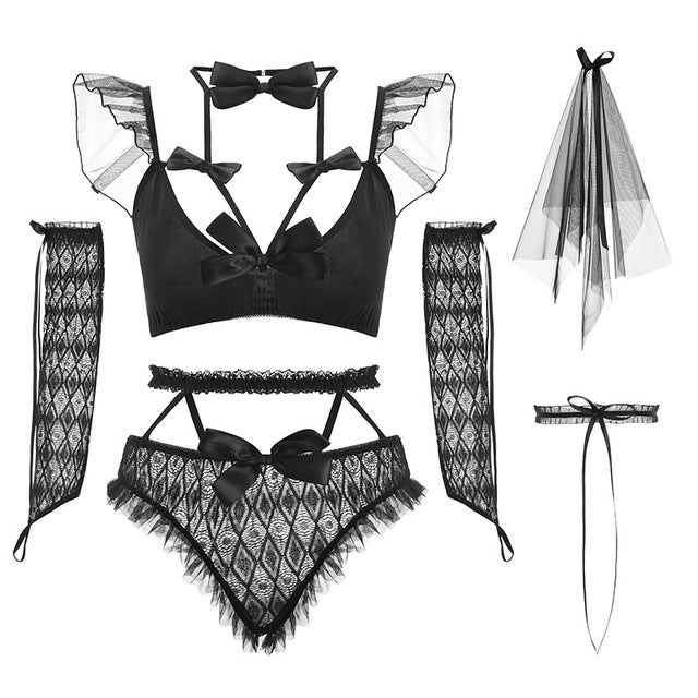 5pcs Women Lace Push Up Bra G-String Stocking Sexy Bride