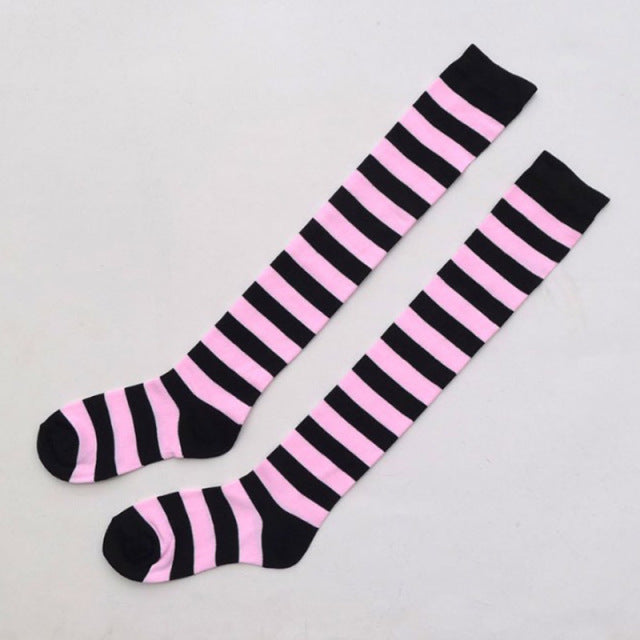 Women Girls Over Knee Socks Stocking Long Stripe Printed Thigh High Striped Cotton Socks Sweet Cute Plus Size Overknee Socks