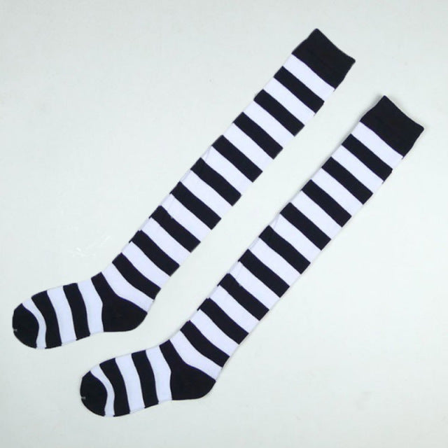 Women Girls Over Knee Socks Stocking Long Stripe Printed Thigh High Striped Cotton Socks Sweet Cute Plus Size Overknee Socks