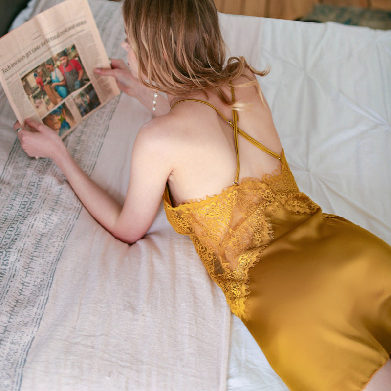 TERMEZY Sexy Lace backless women sleep wear Sexy Nightdress Soft Comfortable Satin Lace Sleepwear silk nightwear