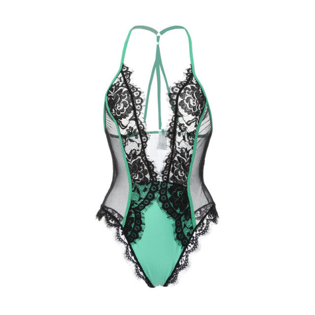 Sexy Hollow Lingerie Hanging Neck One-piece Lace Perspective Deep V Hot Erotic Underwear Sexy Lingerie Set For Fat Female M-5XL