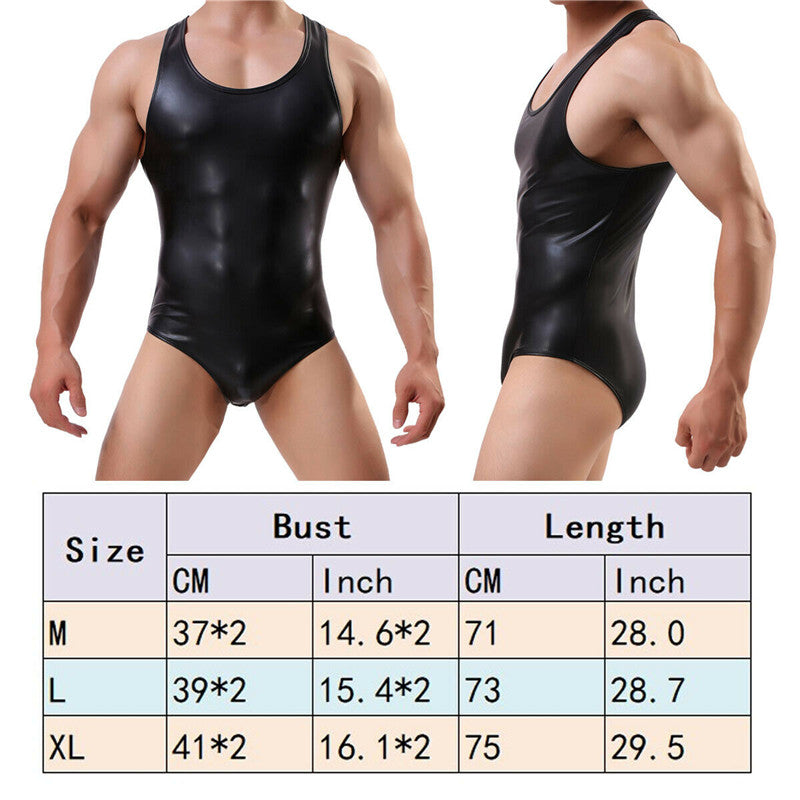Mens Sexy PU Leather Bodysuit Jockstrap Underwear Wrestling Singlet Leotard Jumpsuit Suspender Overalls Sexy Gay Teddy Underwear