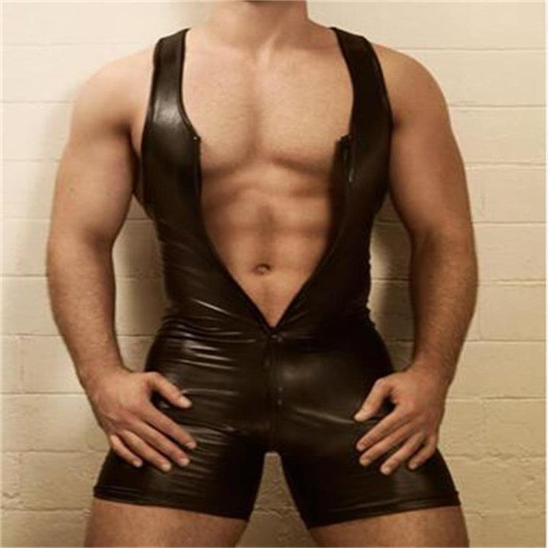 Men Lingerie Bodysuit Black Sexy Wetlook Faux Leather Zipper Open Bust Stretch Tight Erotic Catsuit Fetish Gay Costumes Clubwear