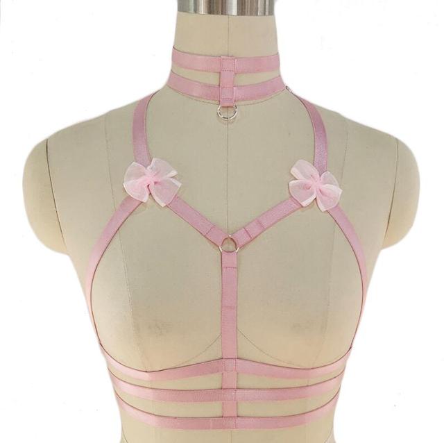 Original Design Pink Collar Bow Harness Bra Kawaii Open Chest Bondage Body Cage Pastel Gothic Body Harness Belt