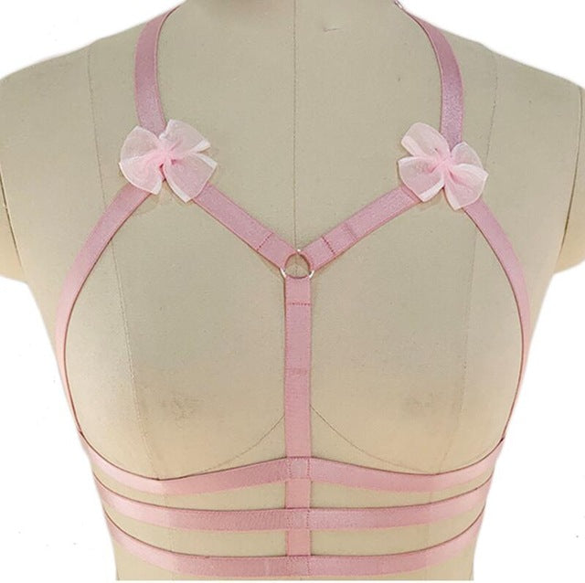 Original Design Pink Collar Bow Harness Bra Kawaii Open Chest Bondage Body Cage Pastel Gothic Body Harness Belt