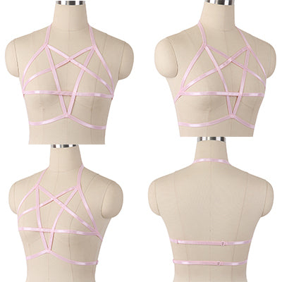 Original Design Pink Collar Bow Harness Bra Kawaii Open Chest Bondage Body Cage Pastel Gothic Body Harness Belt