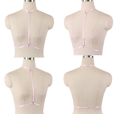 Original Design Pink Collar Bow Harness Bra Kawaii Open Chest Bondage Body Cage Pastel Gothic Body Harness Belt
