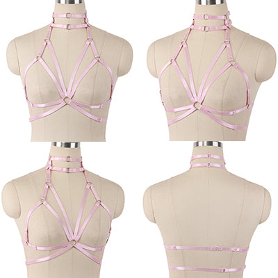 Original Design Pink Collar Bow Harness Bra Kawaii Open Chest Bondage Body Cage Pastel Gothic Body Harness Belt