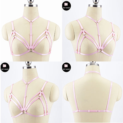 Original Design Pink Collar Bow Harness Bra Kawaii Open Chest Bondage Body Cage Pastel Gothic Body Harness Belt