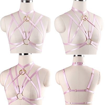 Original Design Pink Collar Bow Harness Bra Kawaii Open Chest Bondage Body Cage Pastel Gothic Body Harness Belt