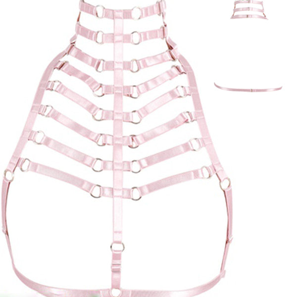 Original Design Pink Collar Bow Harness Bra Kawaii Open Chest Bondage Body Cage Pastel Gothic Body Harness Belt