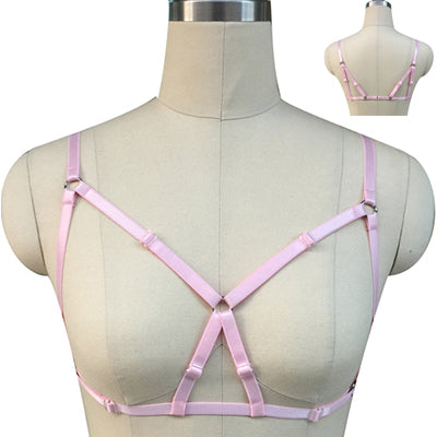 Original Design Pink Collar Bow Harness Bra Kawaii Open Chest Bondage Body Cage Pastel Gothic Body Harness Belt