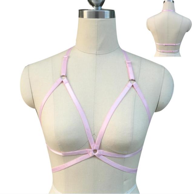 Original Design Pink Collar Bow Harness Bra Kawaii Open Chest Bondage Body Cage Pastel Gothic Body Harness Belt