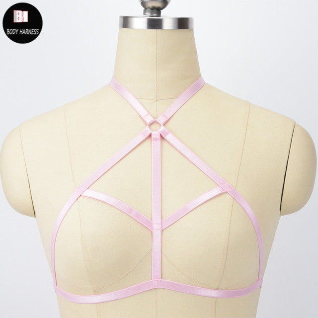 Original Design Pink Collar Bow Harness Bra Kawaii Open Chest Bondage Body Cage Pastel Gothic Body Harness Belt