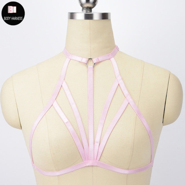 Original Design Pink Collar Bow Harness Bra Kawaii Open Chest Bondage Body Cage Pastel Gothic Body Harness Belt