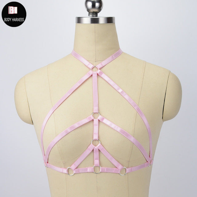 Original Design Pink Collar Bow Harness Bra Kawaii Open Chest Bondage Body Cage Pastel Gothic Body Harness Belt