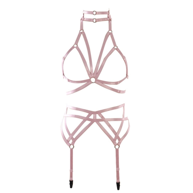 Original Design Pink Collar Bow Harness Bra Kawaii Open Chest Bondage Body Cage Pastel Gothic Body Harness Belt