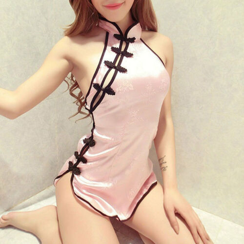 Summer Sexy Women Lingerie Satin Lace Sleepwear Nightdress G-string Sets Cheongsam Pajamas Set