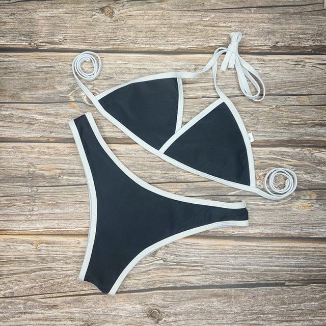 6 Colors Sexy Bikini Set Solid Color Swimsuit Women French Triangle Low-waist Swimwear Female Lace-up Back Swimming Suit
