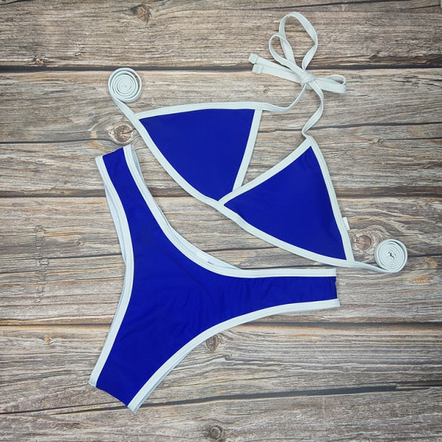 6 Colors Sexy Bikini Set Solid Color Swimsuit Women French Triangle Low-waist Swimwear Female Lace-up Back Swimming Suit