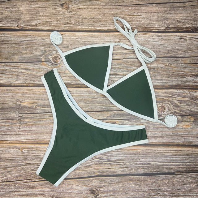 6 Colors Sexy Bikini Set Solid Color Swimsuit Women French Triangle Low-waist Swimwear Female Lace-up Back Swimming Suit