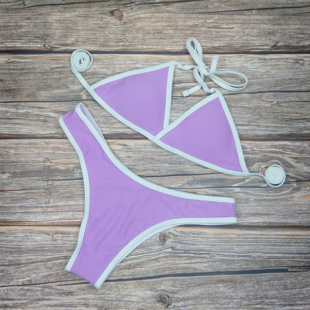 6 Colors Sexy Bikini Set Solid Color Swimsuit Women French Triangle Low-waist Swimwear Female Lace-up Back Swimming Suit