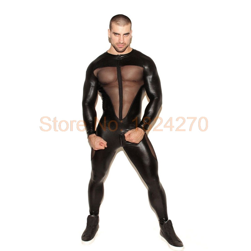 Patent Leather Mens Sexy Long Sleeves Zipper Open Crotch Catsuit Zentai Jumpsuit Party Wear Pant Bodysuit Overalls 3XL Plus Size