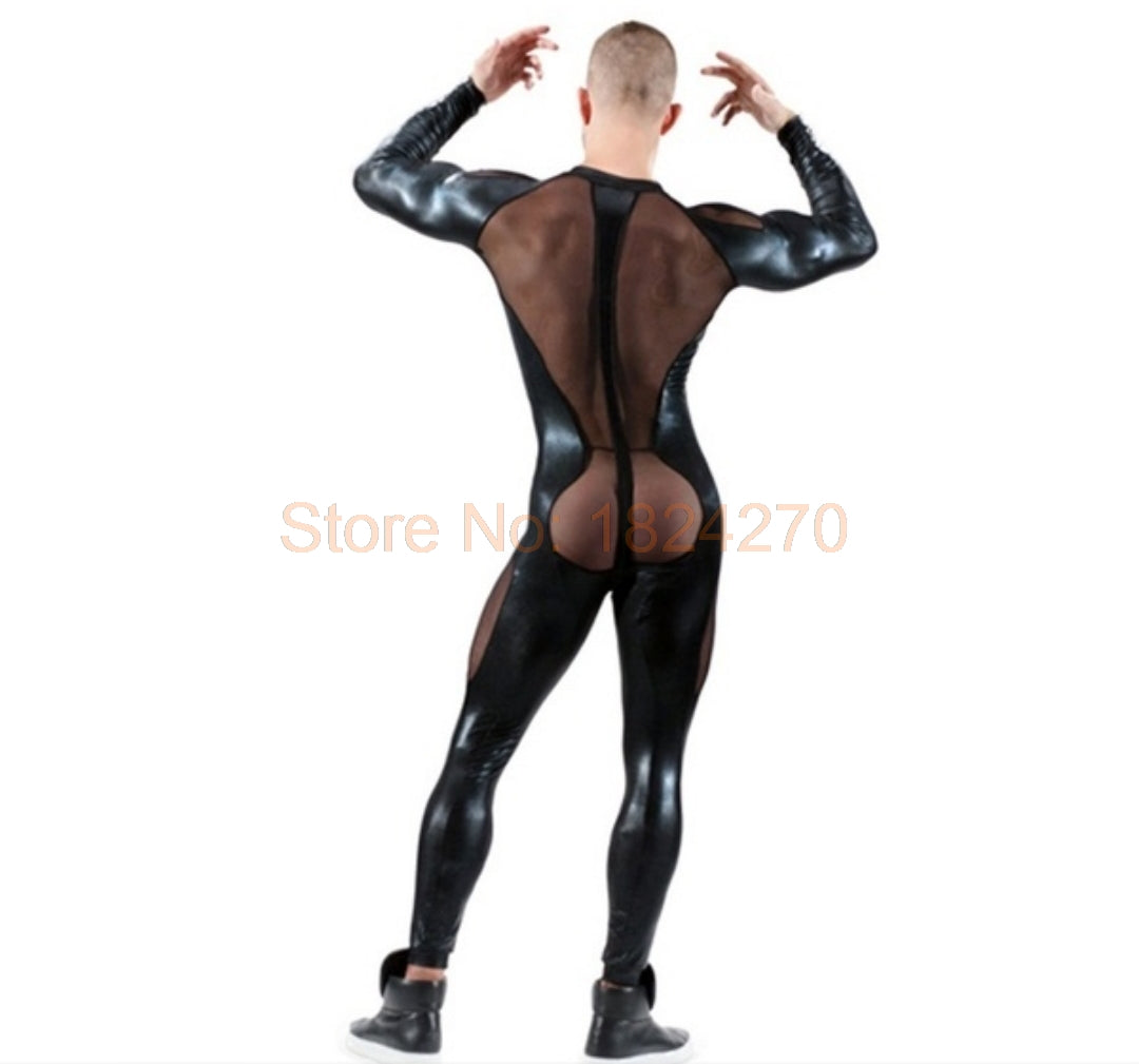 Patent Leather Mens Sexy Long Sleeves Zipper Open Crotch Catsuit Zentai Jumpsuit Party Wear Pant Bodysuit Overalls 3XL Plus Size