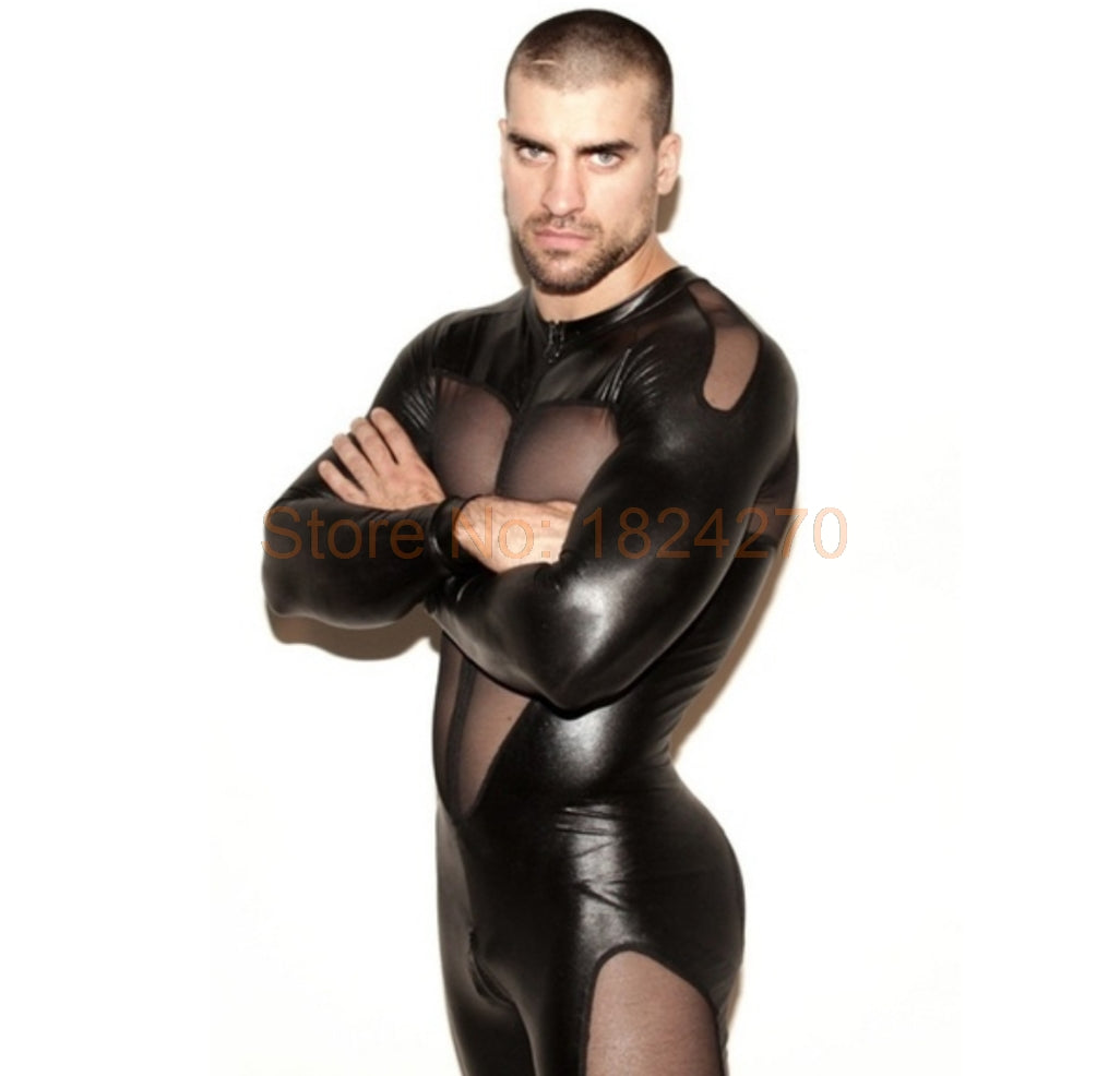 Patent Leather Mens Sexy Long Sleeves Zipper Open Crotch Catsuit Zentai Jumpsuit Party Wear Pant Bodysuit Overalls 3XL Plus Size