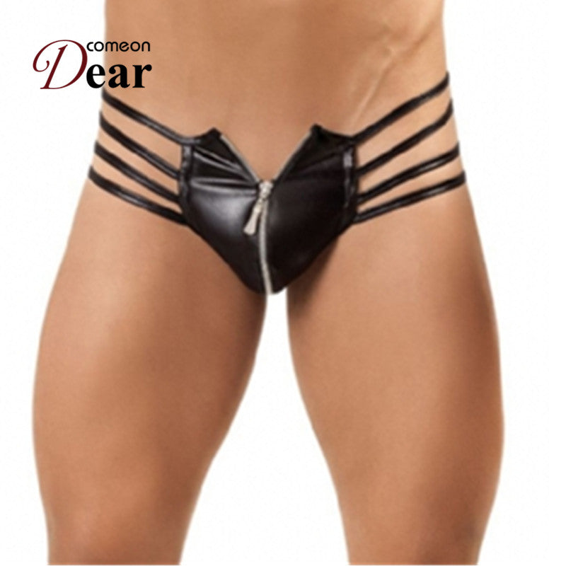 Comeondear Men Briefs Underwear Faux Leather Sexy Zipper Panties Bandage Synthetic Hollow Out Slip Men Gay Sexy Underwear